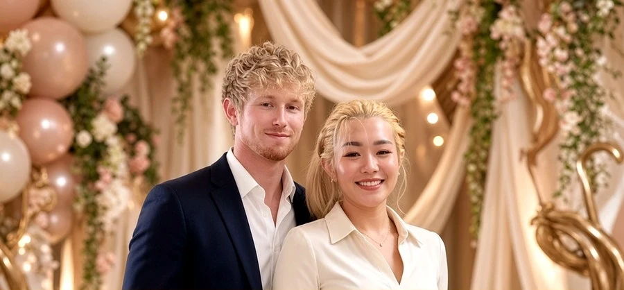 Kitty and Avi smiling in front of a white, blush and gold balloon backdrop with draped fabric and florals